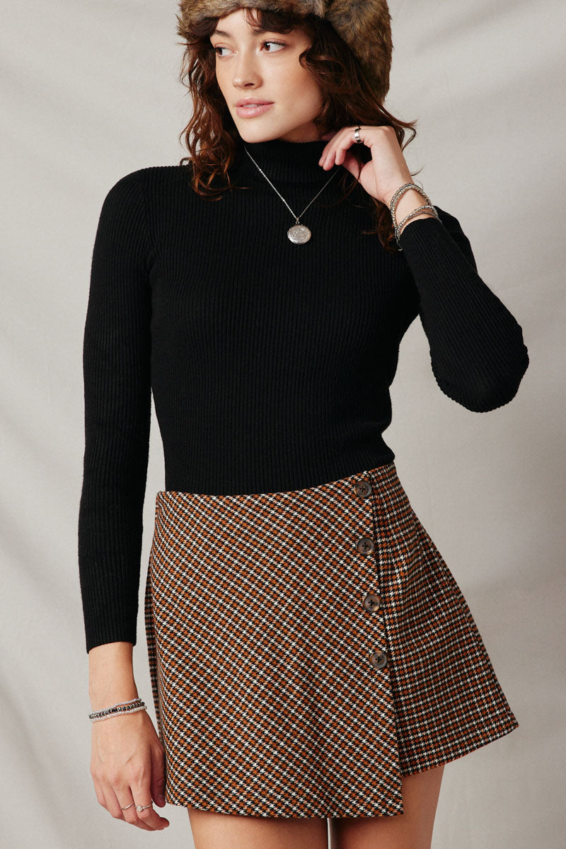 HK1299 Brown Womens Button Detail Brushed Checkered Skort Front