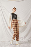 HK1304 Beige Womens Wide Leg Slit Pocket Plaid Pants Full Body