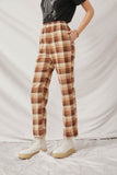 HK1304 Beige Womens Wide Leg Slit Pocket Plaid Pants Side