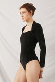 HK1353 Black Womens Brushed Lurex Square Neck Long Sleeve Bodysuit Side