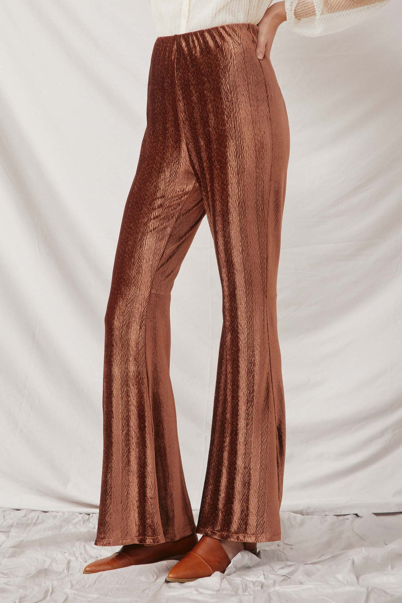 HK1397 Brown Womens Herringbone Corduroy Bell Bottom Pants Side