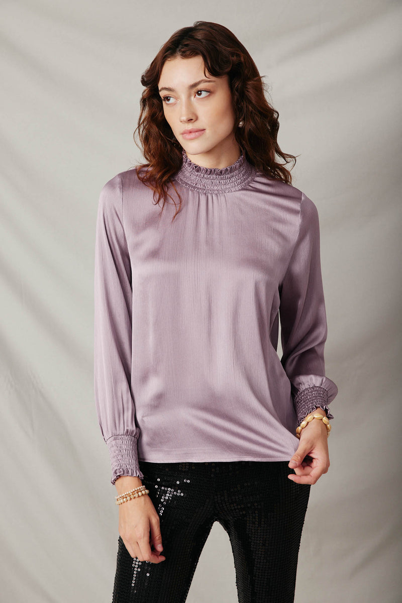 HK1402 Lavender Womens Smocked Detail Satin Top Front