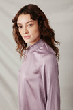 HK1402 Lavender Womens Smocked Detail Satin Top Pose