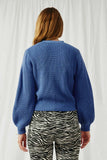 HK1414 Denim Womens Ribbed Button Down Puff Sleeve Cropped Cardigan Back