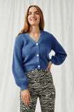 HK1414 Denim Womens Ribbed Button Down Puff Sleeve Cropped Cardigan Pose