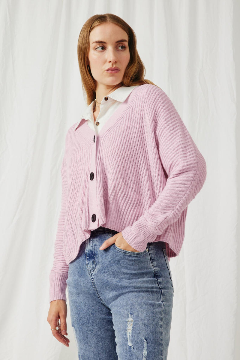 HK1415 Pink Womens Ribbed Button Down Dolman Sleeve Cardigan Front