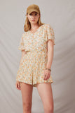 HK1635 Yellow Womens Floral Tie Back Pleated Leg Chiffon Romper Front