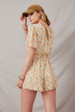 HK1635 Yellow Womens Floral Tie Back Pleated Leg Chiffon Romper Back