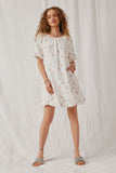 HK1683 Off White Womens Floral Embossed Printed Puff Sleeve Dress Full Body