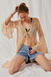 HK1701 Tan Womens Sheer Patch Print Chiffon Tie Duster Pose