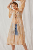 HK1701 Tan Womens Sheer Patch Print Chiffon Tie Duster Front