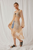 HK1701 Tan Womens Sheer Patch Print Chiffon Tie Duster Full Body 2