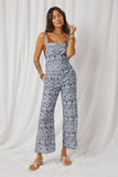 HK1858 Blue Womens Txtured Floral Print Wideleg Overall Jumpsuit Full Body