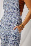 HK1858 Blue Womens Txtured Floral Print Wideleg Overall Jumpsuit Detail