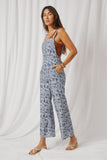 HK1858 Blue Womens Txtured Floral Print Wideleg Overall Jumpsuit Side