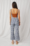 HK1858 Blue Womens Txtured Floral Print Wideleg Overall Jumpsuit Back