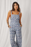 HK1858 Blue Womens Txtured Floral Print Wideleg Overall Jumpsuit Front 2