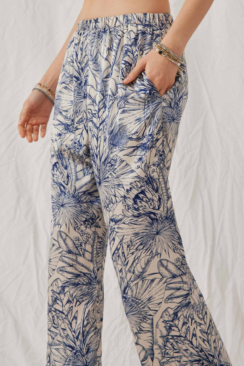 HK1896 Blue Womens Floral Print Sheen Wideleg Pants Side