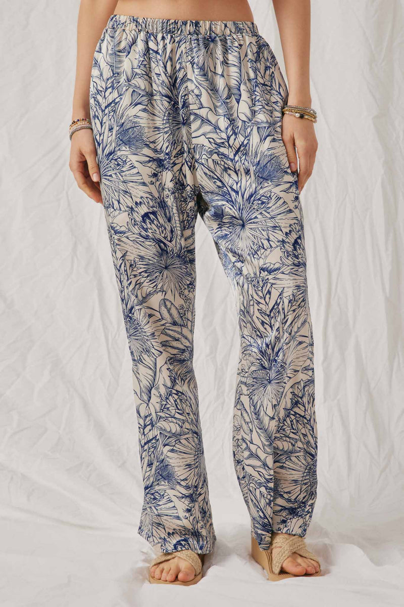 HK1896 Blue Womens Floral Print Sheen Wideleg Pants Front