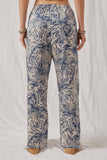 HK1896 Blue Womens Floral Print Sheen Wideleg Pants Back