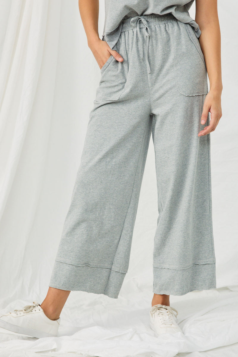 HN4077 GREY Womens Raw Edge Detail Wide Leg Pants Front