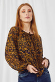 HN4098 MUSTARD Womens Botanical Tie Neck Printed Top Front