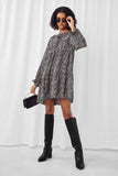 HN4117 Black Womens Ditsy Floral Tie Neck Long Sleeve Dress Full Body