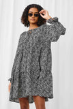 HN4117 Black Womens Ditsy Floral Tie Neck Long Sleeve Dress Pose