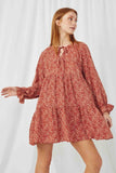 HN4117 RUST Womens Ditsy Floral Tie Neck Long Sleeve Dress Side