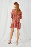 HN4117 RUST Womens Ditsy Floral Tie Neck Long Sleeve Dress Back