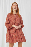 HN4117 RUST Womens Ditsy Floral Tie Neck Long Sleeve Dress Front