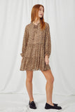 HN4129 LEOPARD Womens Leopard Print Tie Neck Ruffled Sleeve Dress Side