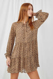 HN4129 LEOPARD Womens Leopard Print Tie Neck Ruffled Sleeve Dress Front