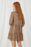 HN4129 LEOPARD Womens Leopard Print Tie Neck Ruffled Sleeve Dress Back