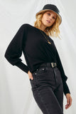 HN4155 BLACK Womens Textured Rib Exaggerated Cuff Knit Top Side