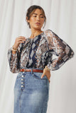 HN4200 Navy Womens Printed Chiffon Tassel Top Front