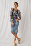 HN4200 Navy Womens Printed Chiffon Tassel Top Full Boddy