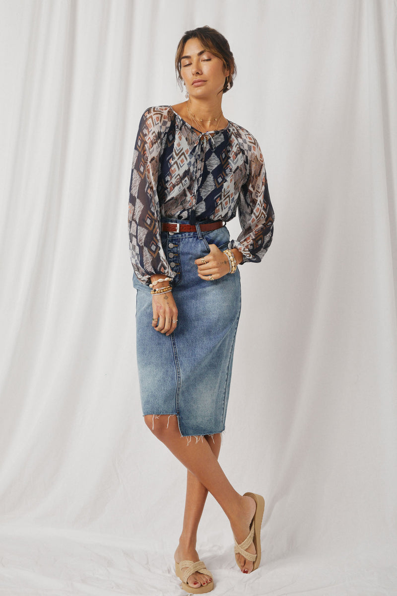 HN4200 Navy Womens Printed Chiffon Tassel Top Full Boddy