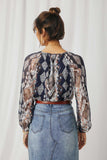 HN4200 Navy Womens Printed Chiffon Tassel Top Back