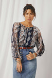 HN4200 Navy Womens Printed Chiffon Tassel Top Front 2