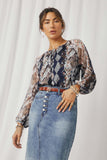 HN4200 Navy Womens Printed Chiffon Tassel Top Pose