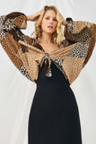 HN4203 BROWN Womens Patchwork Leopard Print Gathered Sleeve Open Cardigan Front