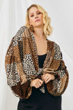 HN4203 BROWN Womens Patchwork Leopard Print Gathered Sleeve Open Cardigan Detail