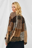 HN4203 BROWN Womens Patchwork Leopard Print Gathered Sleeve Open Cardigan Back