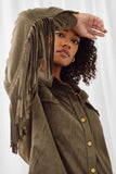 HN4214 OLIVE Womens Extended Fringe Suede Work Shacket Detail