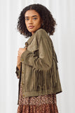 HN4214 OLIVE Womens Extended Fringe Suede Work Shacket Side