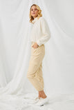 HN4216 CREAM Womens Corduroy Zip Fly Cargo Joggers Side