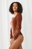 HN4218 BROWN Womens Textured Velvet Square Neck Bodysuit Side