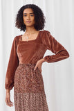 HN4218 BROWN Womens Textured Velvet Square Neck Bodysuit Front