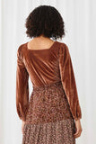 HN4218 BROWN Womens Textured Velvet Square Neck Bodysuit Back